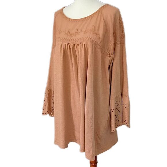 Sonoma Mesh Embroidered Top 3X Eyelet Camel Color Jersey Knit Boho Chic Western. - Picture 5 of 16